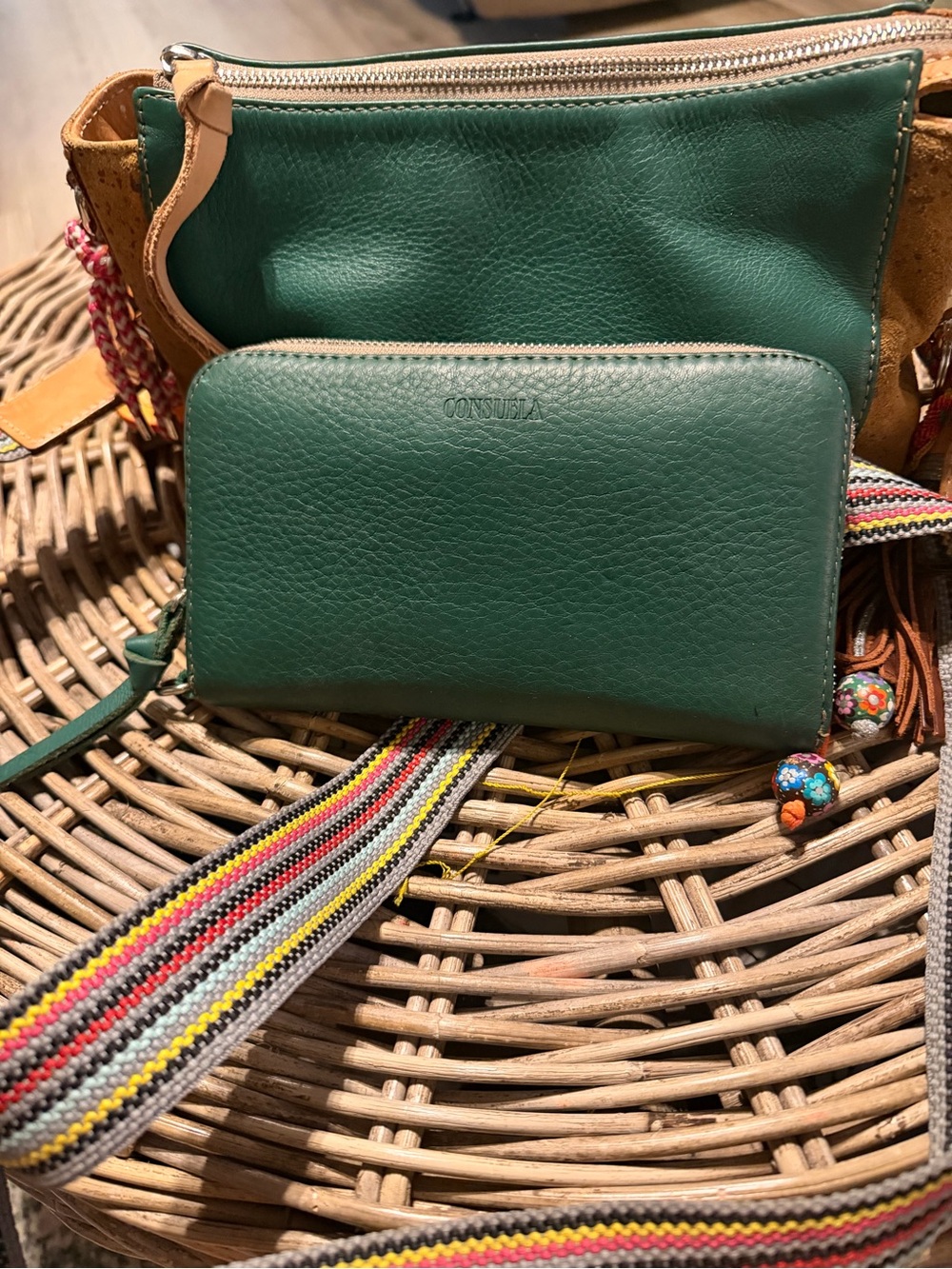 Consuela Green Leather Wallet 
 Striped Strap teal essential